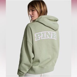 VS PINK Ivy Fleece Campus Full Zip Hoodie  Green Garden M NWT